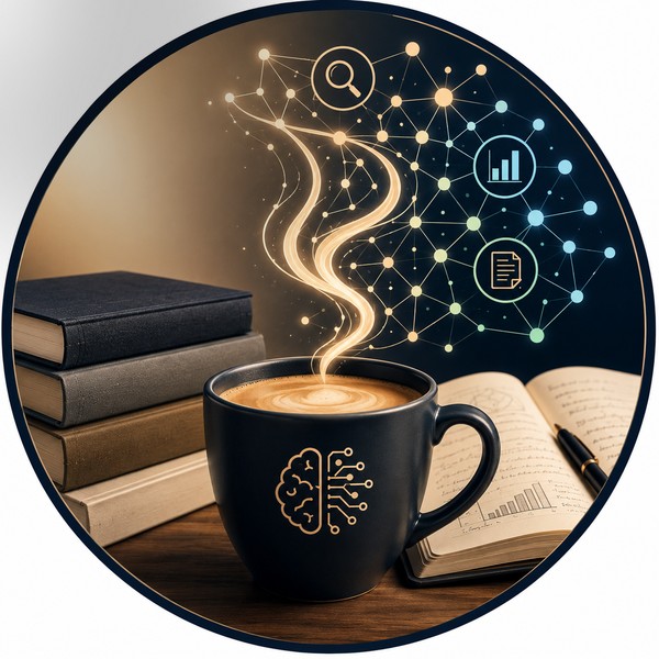 A cup of coffee beside a stack of books and an open notebook, with an abstract glowing network of nodes rising from the cup representing research, data, and connected ideas